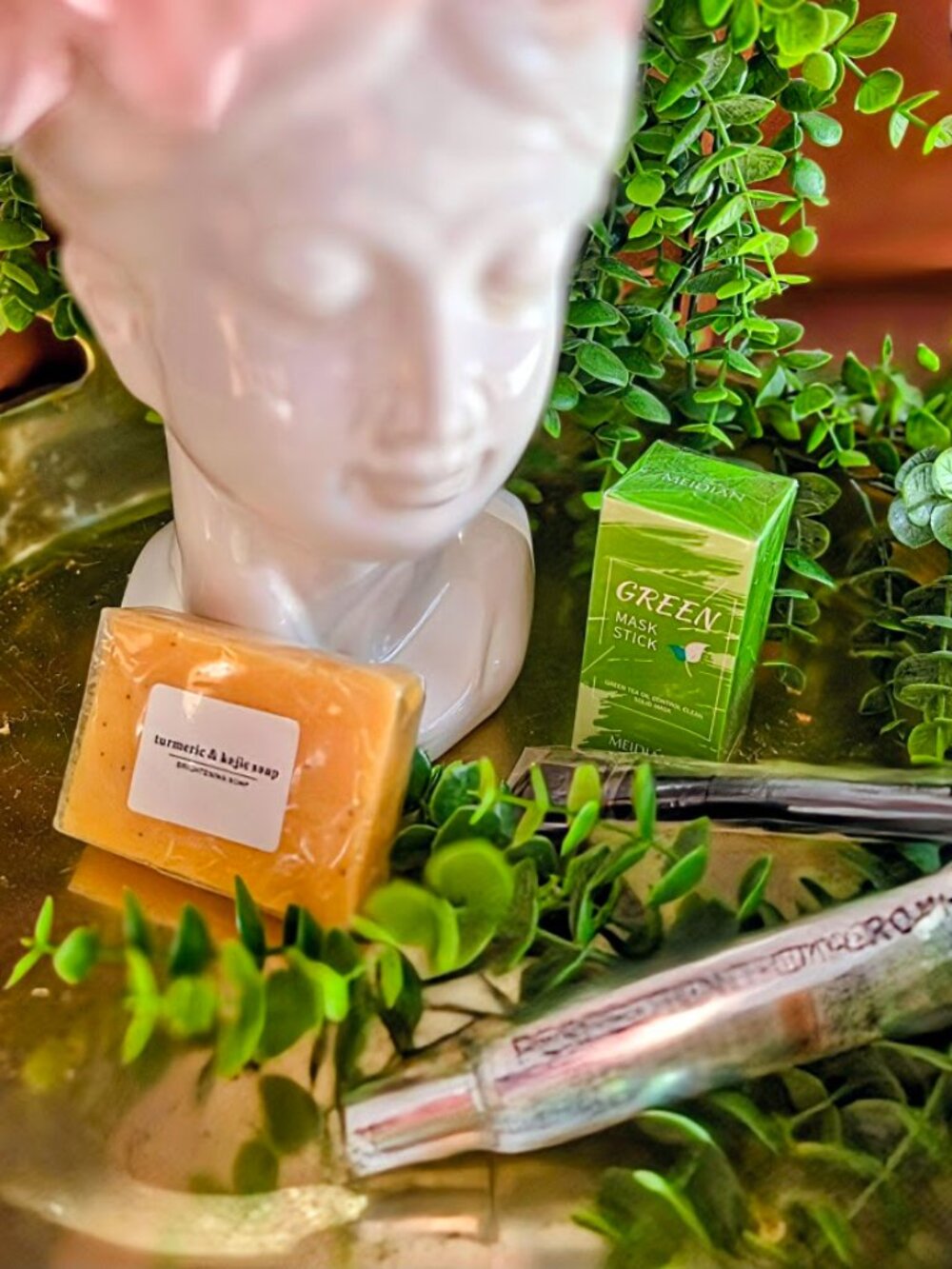 4pc Skincare Bundle - Green Tea Mask Stick, Eye Tightener, Soap & Brush